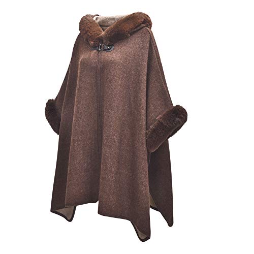 Image of ZLYC Women Winter Fashion Faux Fur Trim Layers Hooded Cardigan Warm Cape Sweater Cloak