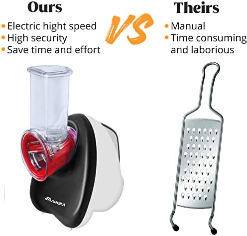 EA ARENA Electric Grater, Electric Cheese Grater, Salad Maker Multi Grater with 5 Cones, 150W Electric Slicer for Fruit and Vegtables, Easy to Clean,Stainless Steel (Black) (EA-EFS001)