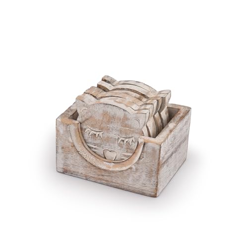 NIRMAN Wooden Crafted Unique Adorable Cat Shaped Coasters Set of
