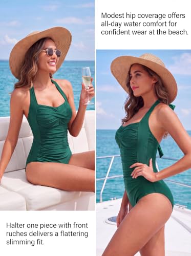 Image of Smismivo Tummy Control Swimwear Halter One Piece Slimming Vintage Retro Swimsuit Womens Ruched Push Up Bathing Suit