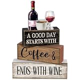 Lineshading 4 Pcs Farmhouse Kitchen Decor Wooden Stacked Block Sign with Wine Bottle, Coffee Cup & Glass Sculpture a Good Day Starts with Coffee Ends with Wine Sign for Home & Bar Housewarming Gift
