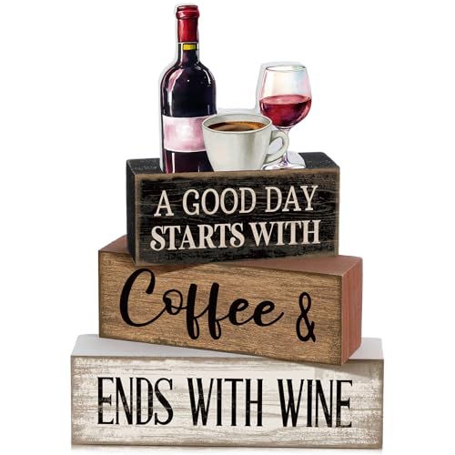 Lineshading 4 Pcs Farmhouse Kitchen Decor Wooden Stacked Block Sign with Wine Bottle Coffee Cup & Glass Sculpture a Good Day Starts with Coffee Ends with Wine Sign for Home & Bar Housewarming Gift