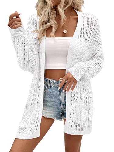 Image of Womens Crochet Cardigan Sweater Lightweight Rib Knit Open Front Sweater Coats Cover Up White