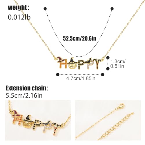 Gold Halloween Charm Necklace 14K Gold Plated Cute Enamel Bat Witch Hat Pumpkin Pendant Necklace HAPPY HALLOWEEN Letter Necklace Adjustable Fun Halloween Costume Party Jewelry Gift for Women Men2