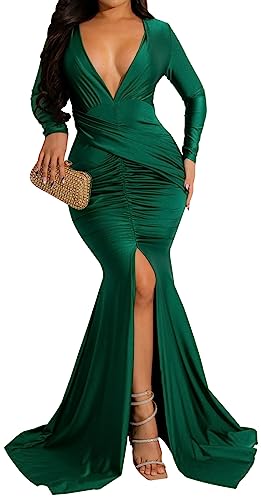 Image of Women's Elegant Formal Mermaid Maxi Dress Off Shoulder Long Sleeve Wedding Split Evening Gown Prom Cocktail Party Dresses