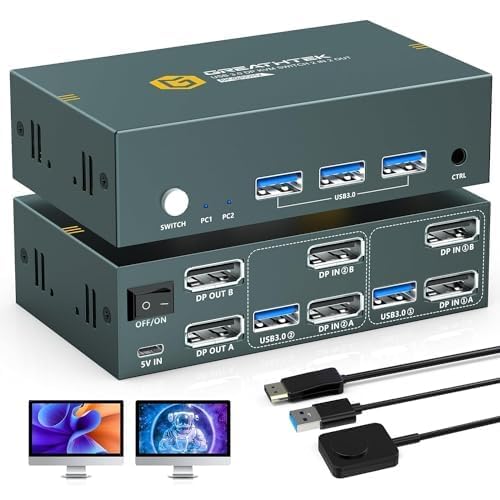 Image of 8K Displayport KVM Switch 2 Monitors 2 Computers ，8K@60HZ 4K@240HZ USB3.0 Dual Monitor KVM Switcher for PC /Laptop Share Keyboard Mouse,Support DP1.4,EDID Adapatively
