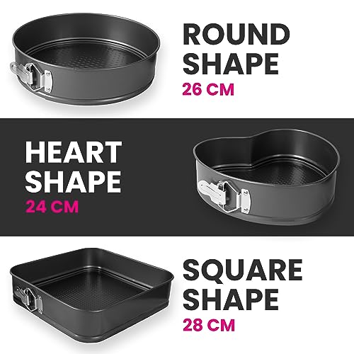 ARIANA HOMEWARE Spring Form Pan Set with Heart Round & Square Shape - Leak Proof Cake Mold for Baking Enthusiast – Deep Cake Tin Baking Set with Removable Bottom (24CM x 26CM x 28 CM) Set of 3