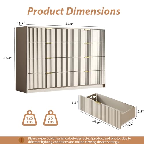 Image of MAISONARIA Beige Dresser for Bedroom, 8 Drawer Double Dresser, Modern Chest of Drawers for Bedroom, Living Room, Entryway and Closet, 55 inch L x 15.7 inch D x 37.4 inch H