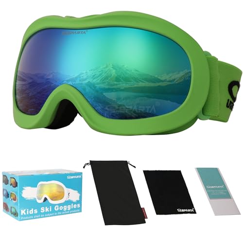 OUTDOORSPARTA Kids Ski Goggles (5. Green Frame, Full Lens Mirrored Green)