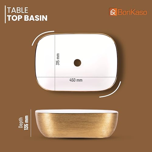 Image of BONKASO White Gold Luxury Table Top Wash Basin (45 x 32.5 x 13.5 cm) | Designer Ceramic Countertop Bathroom Sink | Modern Vanity Art Basin 1001