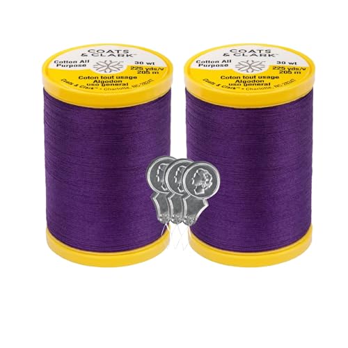 Coats & Clark Cotton All Purpose Sewing Thread 100% Mercerized Cotton 225 Yards Each Spool S970 2 Pack Bundle with 3 Bella's Crafts Needle Threaders (Purple)
