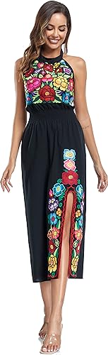 Image of Womens Mexican Floral Embroidered Halter Maxi Dress Side Slit Boho Dress