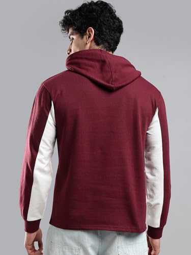 Image of LEWEL Men's Stylish Hooded Colorblock Cotton Fleece Sweatshirt (Maroon, Off White)