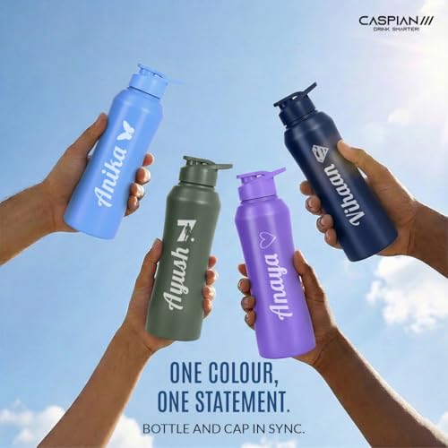 Image of Caspian Trek Customised Stainless Steel Water Bottle 1L, C Violet with Logo Print - Personalised Water Bottle with Your Name Print for Kids Boys Girls School Office Gym- Perfect for Corporate Gifting