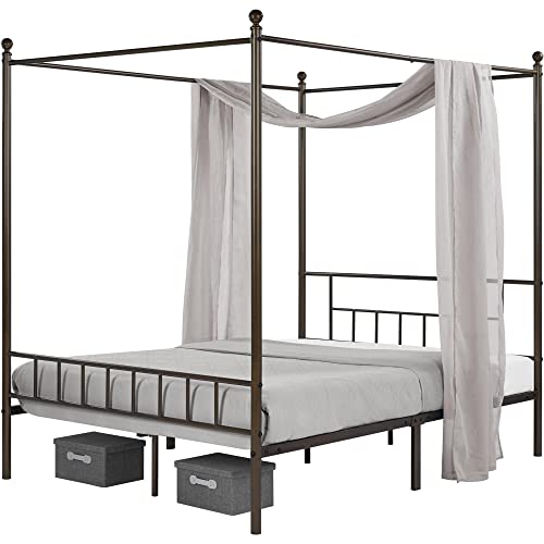 Topeakmart Bronze Four-Poster Canopy Metal Bed Frame With Headboard And Footboard Sturdy Slatted Structure No Box Spring Needed Queen Size #TOP2