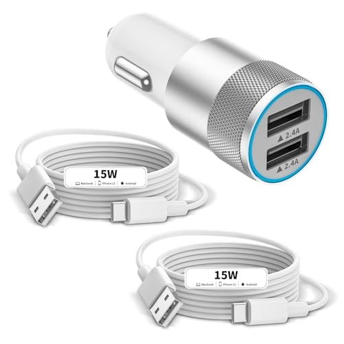 iPhone 15 Car Charger, 24W 2-Port Fast USB Car Charger Power Cigarette Lighter Adapter with 2-Pack 3FT USB to C Cable for iPhone 16/15 Plus Pro Max, iPad Pro/Air/Mini, AirPods Pro, Galaxy, Pixel