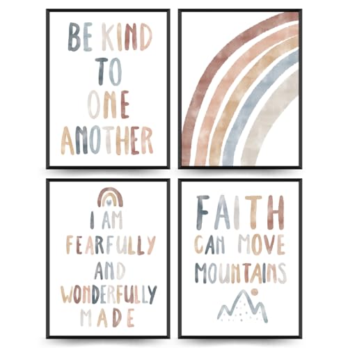 PLKMN Boho Inspirational Wall Art Set of 4, Be Kind to One Another, Faith Can Move Mountains, Boho Rainbow Wall Poster for Nursery Baby Kids Bedroom Decor,12x16 Inch (Unframed)
