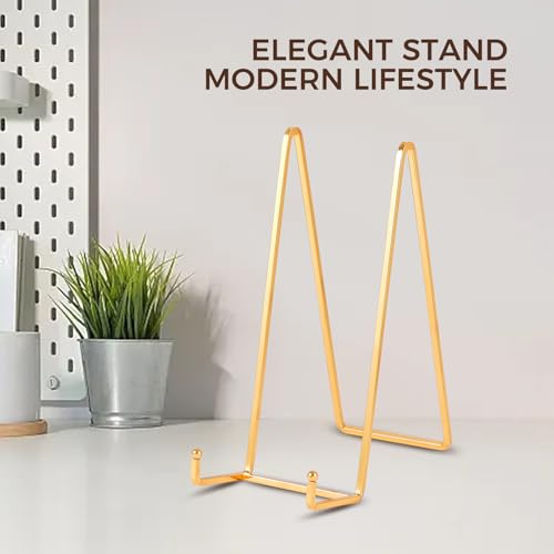 Large Plate Holder Display Stand - 10 inch Tall Plate Stands for Display - Metal Picture Frame Stand - Big Tabletop Easel Stand for Decorative Plates | Platter | Book | Plaque | Tile - 2 Pack - Gold