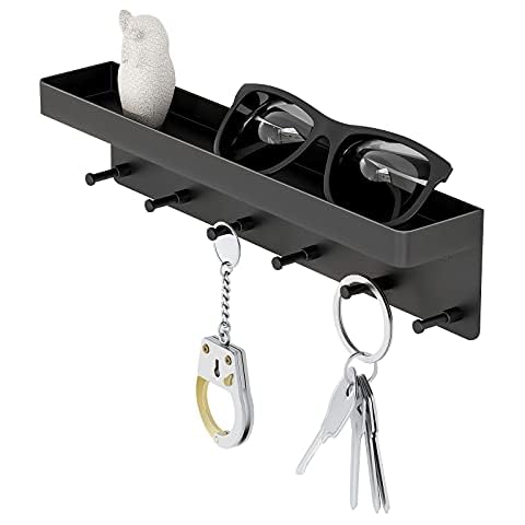 LuoCoCo Mail Holder with 6 Key Hooks and Shelf for Wall, Self Adhesive Metal Small Letter Organiser and Coat Storage Rack for Hallway Entryway Bathroom Kitchen Office Hanging Bags Hats Towel, Black Cover