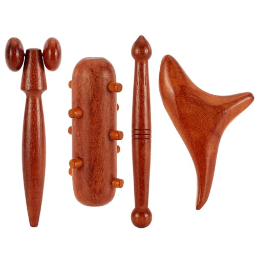 AHANDMAKER 4Pcs 4 Styles Massage Tool Set, Wooden Gua Sha Tool, T-Shape Massage Roller, Therapy Trigger Point Massage Tool, Rosewood Massag for Body, Face, Shoulder, Arm, Leg, Foot, Gifts for Mom