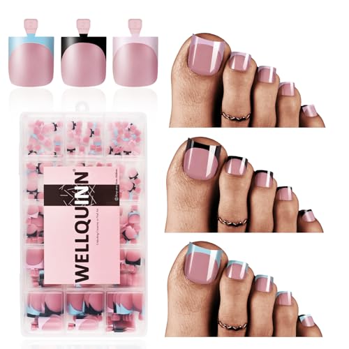 Wellquinn French Tip Toe Nail Press Ons, 180pcs Toenails Sharp Square for Women, Pre-Designed Soft Gel Thick Toenail Extension, Pink Blue Black French Tip Full Cover Acrylic Nails 15 Sizes