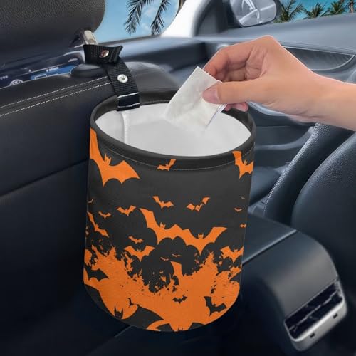 Image of Halloween Bat Print Car Garbage Can Mini Car Trash Bin Truck Organizer Auto Storage Bag Waterproof Portable Accessories Road Trip for Kids
