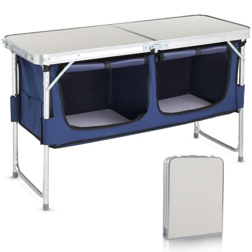 GODECOR Folding Camping Table with Storage, 3 Height Adjustable, Lightweight, 4 Ft Outdoor Portable Kitchen Aluminum Table for BBQ, Picnic, Hiking, Beach, and Indoor