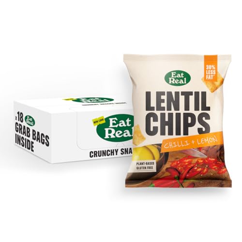 Eat Real, Lentil Chips, Chilli & Lemon, 18 X 40g, Gluten-Free Crisps Multipack, Vegan-Friendly, Healthy Snacks, 30% Less Fat