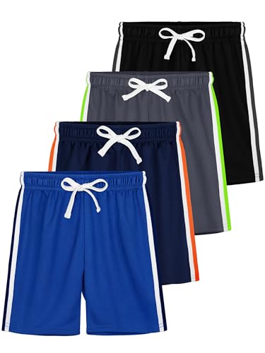 YERIOK 4 Pack Boys Shorts Toddler Boys Athletic Basketball Shorts Clothes Kids Mesh Active Quick Dry Soccer Gym Sports with Stripe Black, Medium Gray, Mixed Color A 5-6Y