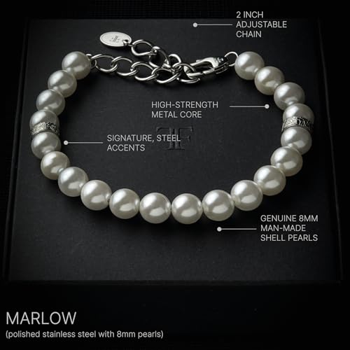 Forge & Foundry Men's 8mm Shell Pearl (Man-Made) Bracelet [Small, Medium, Large and Adjustable Sizing Options] | Marlow | Adjustable - Silver3
