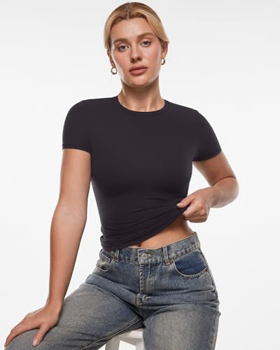 INLYRIC Women's Inbarely Ultra Short Sleeve Tops Crew Neck Double Lined Going Out Slim Fit T Shirts Summer Basic Tees3