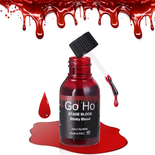 Go Ho Halloween Fake Blood Washable(1 oz) Edible Fake Blood Realistic Effect Dripping Sticky Stage Blood for Eyes DripsTeeth Mouth Nose Bleeds Cosplay SFX Zombie Vampire Blood Makeup Bright