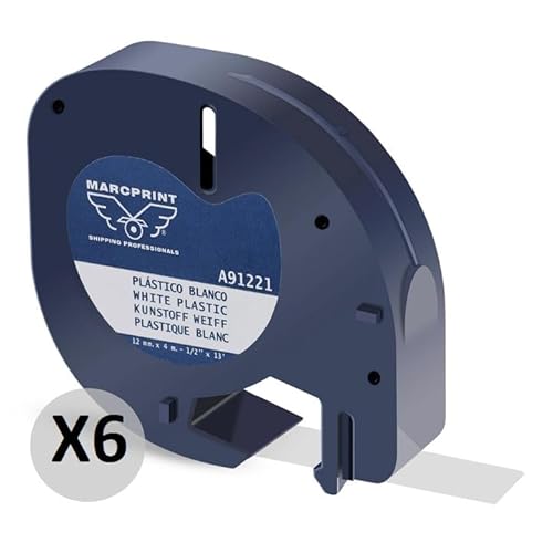 MARCPRINT- Cintas de Etiquetas Adhesivas - Compatible con Dymo etiquetadora - Dymo Recambio LetraTag - 200B LT-100H LT-110T - 12mm x 4m - Cinta para Dymo Resistente a Cualquier Superficie (6 unidades)