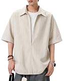 [Bligo] 夏服 半袖 メンズ tシャツ ストライプ 重ね着風 vネック プレッピー ゆったり シンプル 大きいサイズ 冷感 速乾 カジュアル 人気 清潔感 洋服 ファッション 通気性 春秋 心地肌触り 薄手 形態安定 Khaki-M