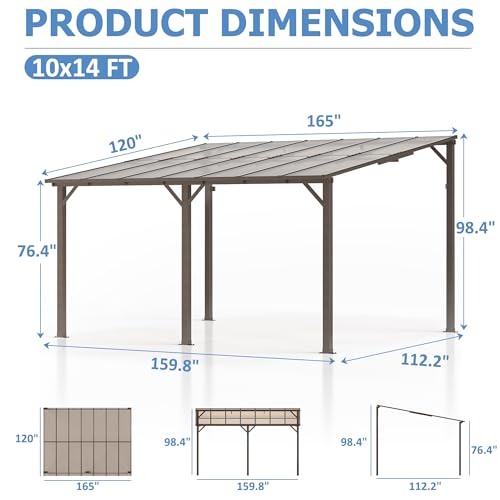 10x14 FT Gazebo, Hard Top Lean to Gazebo, Large Pergolas and Gazebos Clearance, Wall Mounted Gazebos Canopy Awnings for Patio, Decks and Backyard