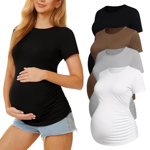 MIRAZEN 4 Pack Womens Maternity Shirts - Crew Neck Maternity Top Short Sleeve Pregnancy Tee Shirts Black/White/Light Grey/Brown Medium