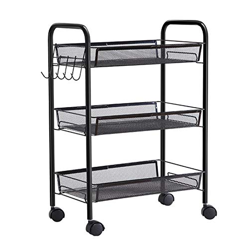 Chariot de Rangement Support Mobile en Métal avec Crochets Support de Rangement Multifonctionnel Panier en Maille Creuse Rouleaux Silencieux 360 °, Cuisine/Bureau/Buanderie/Salle de Bain (Noir Cover
