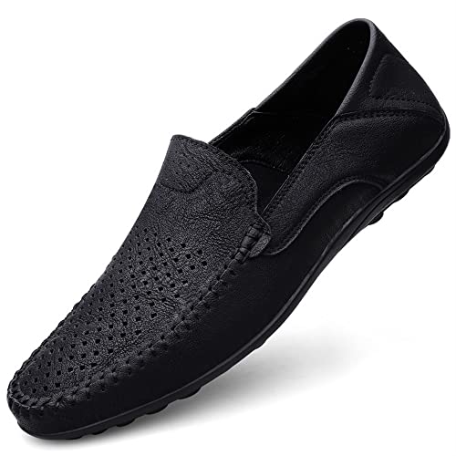 Mens Loafers Shoe Moccasins Shoes Lightweight Breathable PU Leather Comfortable Anti-Slip Flexible Casual Fashion Slip On(Black,10 M US)