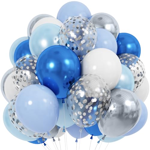 Image of Jobkoo Blue and White Balloons, 60 Pcs 12 Inch Pastel Baby Blue Silver Latex Balloon with Metallic Confetti Balloons Graduation Balloon for Boys Birthday Baby Shower Christening Grad Party Decorations