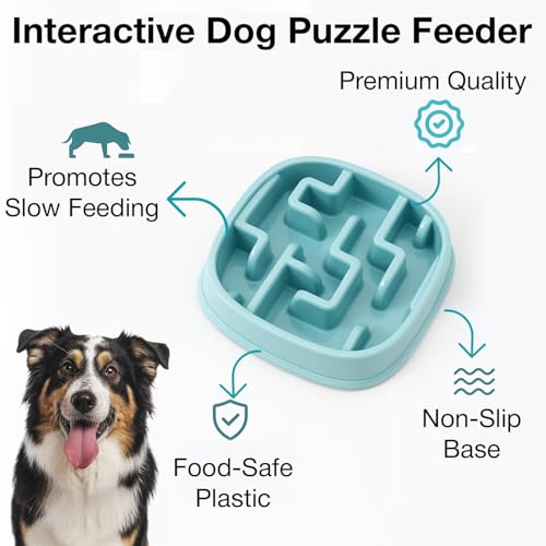 Image of Slow Feeder Bowl | Square Maze Food Bowl for Dogs and Cats | Anti Choking Puzzle Bowl | Anti Slip Interactive Feeding Dish | Durable & Easy to Clean | Anti Bloat and Aids Digestion (Blue)