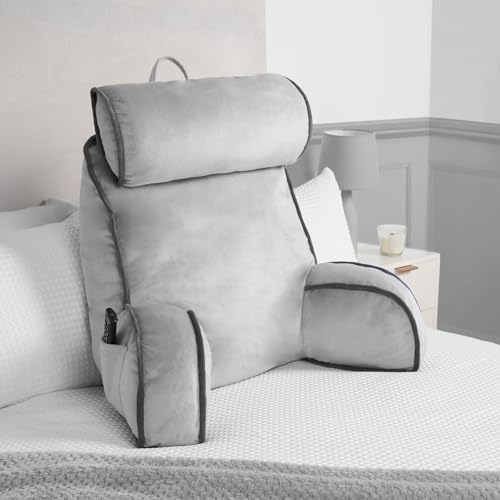 OHS Reading Pillow with Head Rest Piped Edge Detachable Neck Roll Cuddle Cushion for Adults Kids High Back Support Cushion with Arms & Pocket Gaming Cushions for Boys Girls Sit Up in Bed Pillow Grey