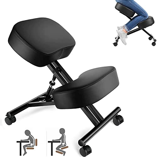 Silla Ergonómica de Rodillas, Taburete de Rodilla para Casa y Oficina, Asiento en ángulo para Mejorar la Postura, Ajustable Altura, 3" Cojines Gruesos, Marco de Metal, Piel Sintética, Negro
