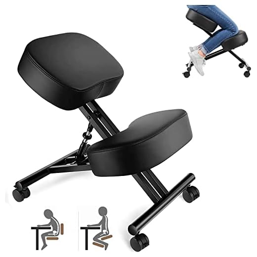 Silla Ergonómica de Rodillas, Taburete de Rodilla para Casa y Oficina, Asiento en ángulo para Mejorar la Postura, Ajustable Altura, 3" Cojines Gruesos, Marco de Metal, Piel Sintética, Negro
