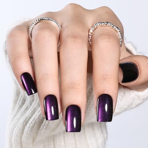 Purple Cat Eye Press On Nails Short Square Glossy Nails, 32 Count, 16 Sizes