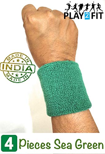 Image of Play2Fit 4 Cotton Wristband (2 Pair) Soft Sweatband For All Sport, Stretchable, Sweat Absorbent Supports Wrist Made In India (Sea Green, 3 Inch)