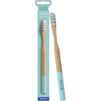 Niyok Bamboo Toothbrush Adult Medium Turquoise Pack of 1 Bamboo handle medium bristle thickness and castor oil based bristles for daily dental care
