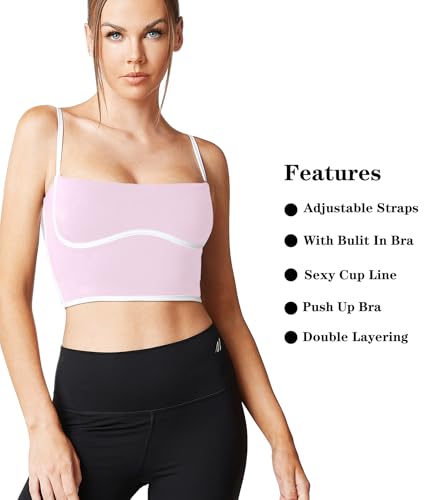 Image of Sleeveless Spaghetti Strap Padded Sports Bra Tank Tops Square Neck Double Layer Workout Fitness Basic Crop Tops