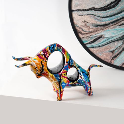 Image of The Artment your artistic apartment Bullseye Resin Abstract Bull Sculpture, Hand-Painted Colorful Cutout Decor, Modern Art Showpiece for Living Room, Bedroom & Office, 8.2 Inch Statement Figurine