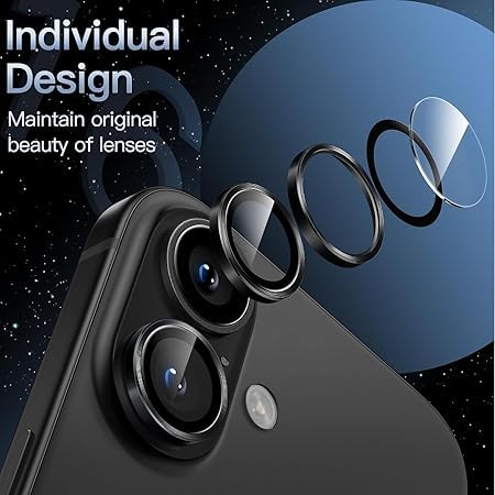 Image of for iphone 16 /16 Plus camera lens protector Tempered Glass Aluminum Alloy Ring with Camera Cover (Black)