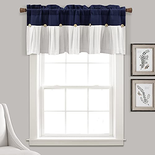 Lush Decor Linen Button Farmhouse Valance, 52" W x 18" L, Navy & White - Rustic Kitchen Valance With Coconut Husk Button Detail